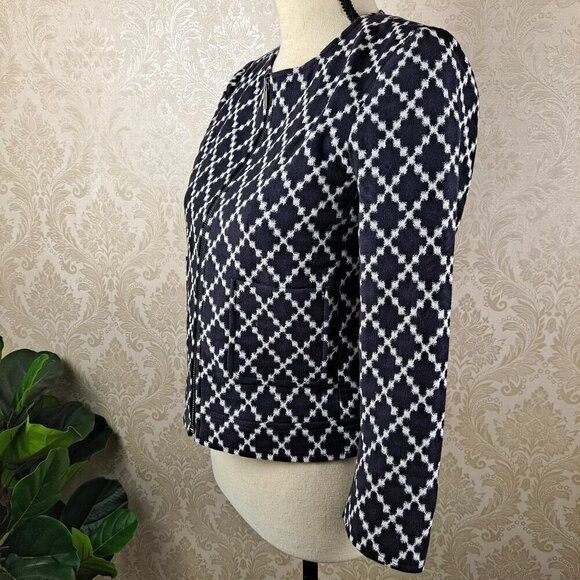 Ann Taylor Size 2P Black White Diamond Pattern Blazer Zip Front 2 Slip Pockets - Picture 5 of 12